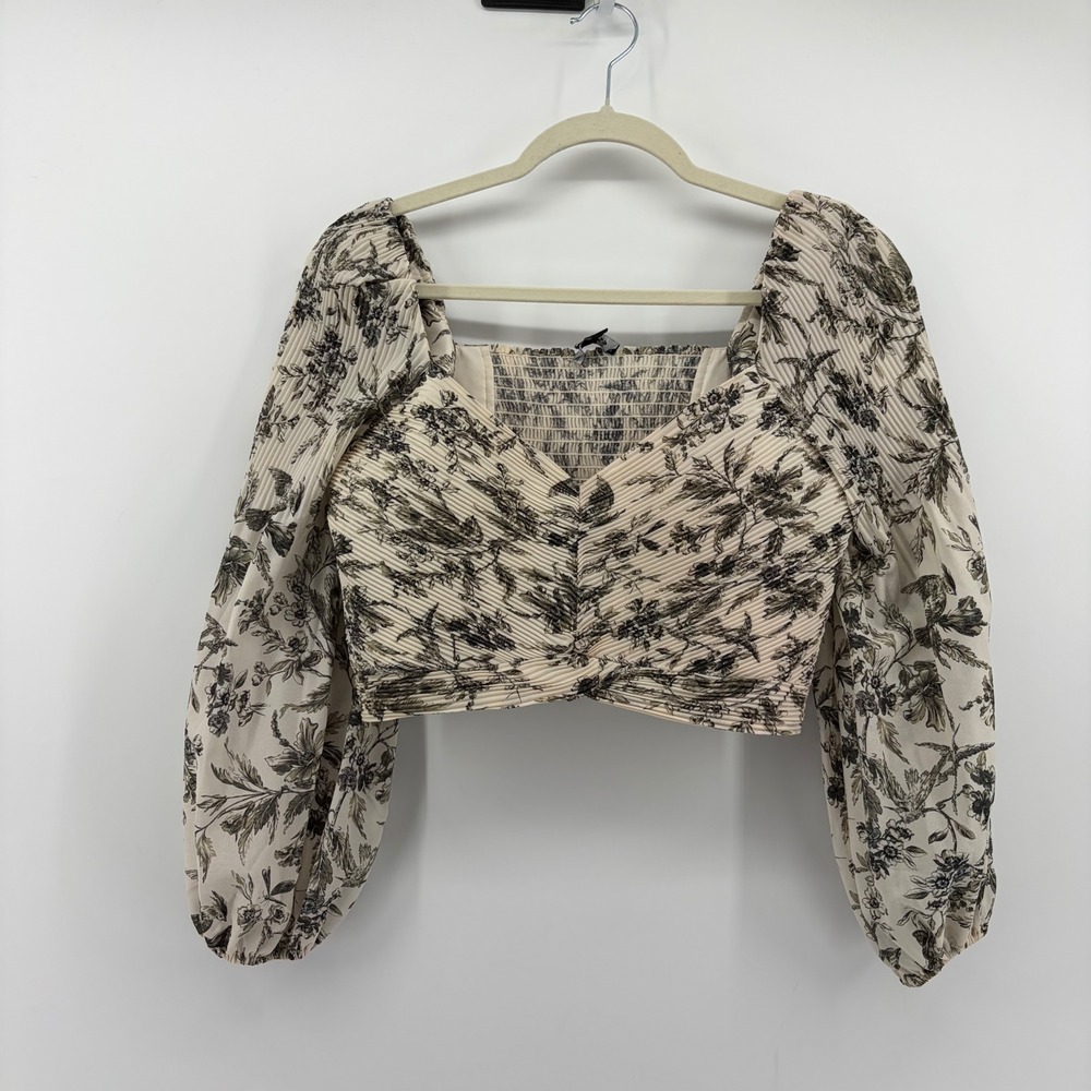 Express Womens S Cream Black Floral Crop Top Pleated Puff Sleeve Smockedโ Toile